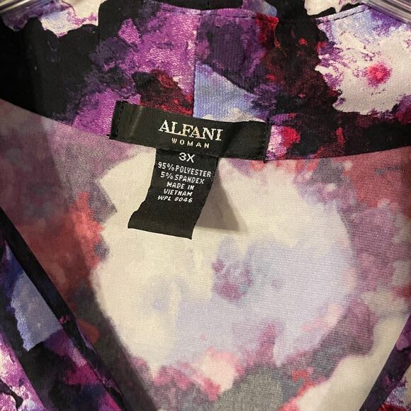 Alfani Woman 3X Floral Ruched V-Neck Tunic Top – Black Purple Fuchsia - Picture 4 of 5